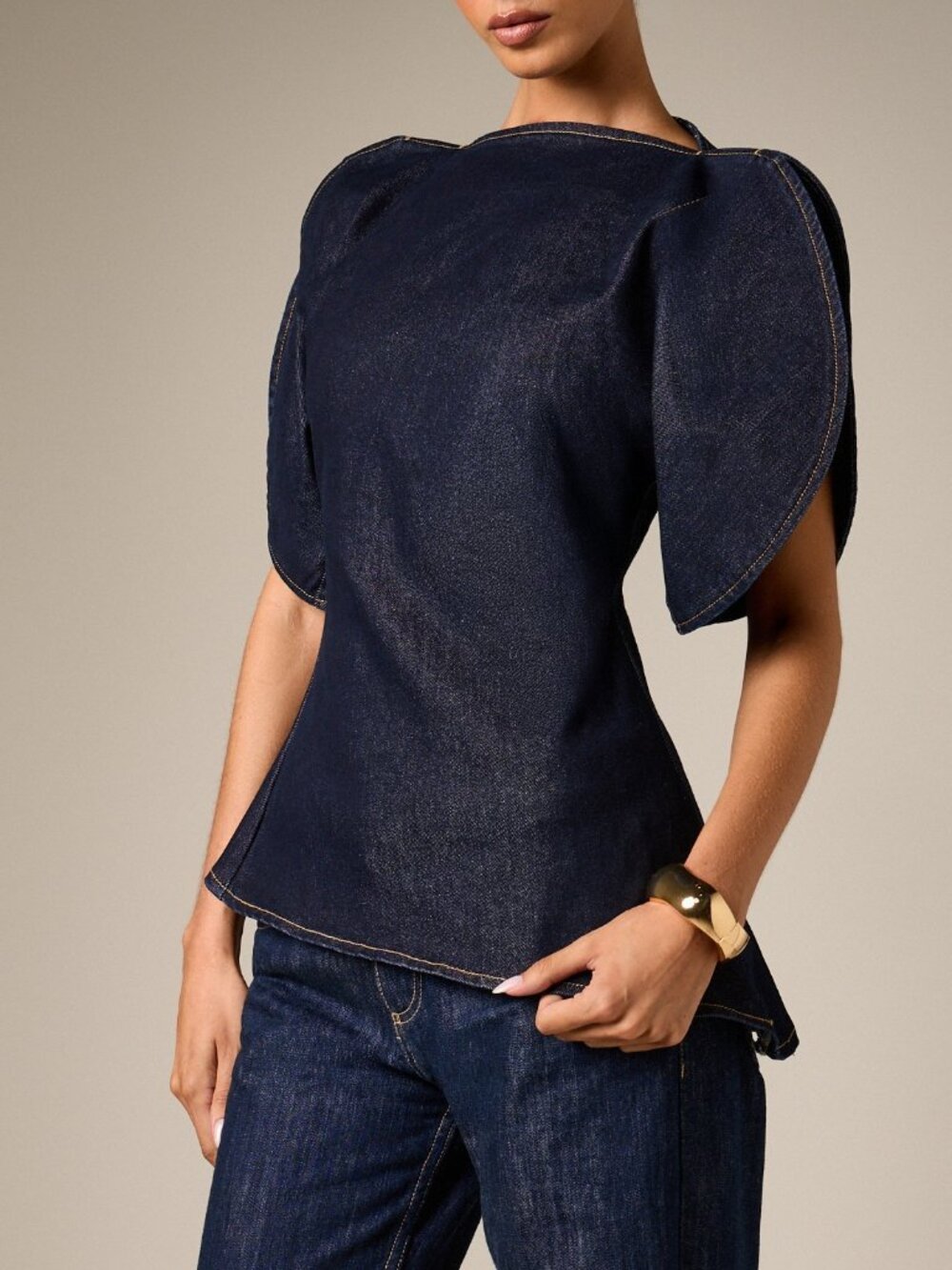 Dark Wash Casual Women's Denim Sleeve Blouse with High Neck and Asymmetric Hem
